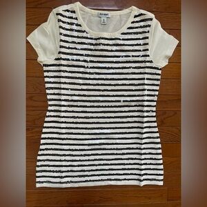 Old Navy Women's Black & White Striped Sequin Short Sleeve Knit Top